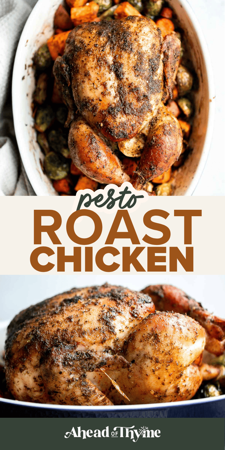 Pesto Roast Chicken is juicy, flavorful, and roasted with basil pesto over vegetables for an easy, one-pan dinner everyone loves. | aheadofthyme.com