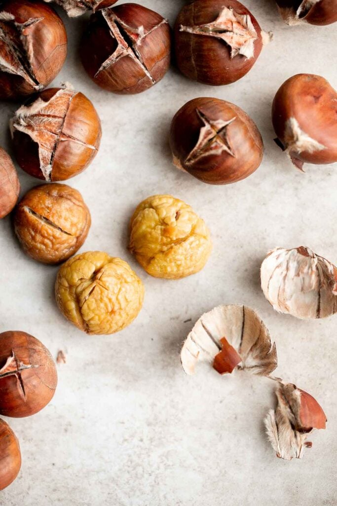 Enjoy street vendor roasted chestnuts at home in three different ways — roast in the oven, cook over the stove, or in the air fryer. | aheadofthyme.com