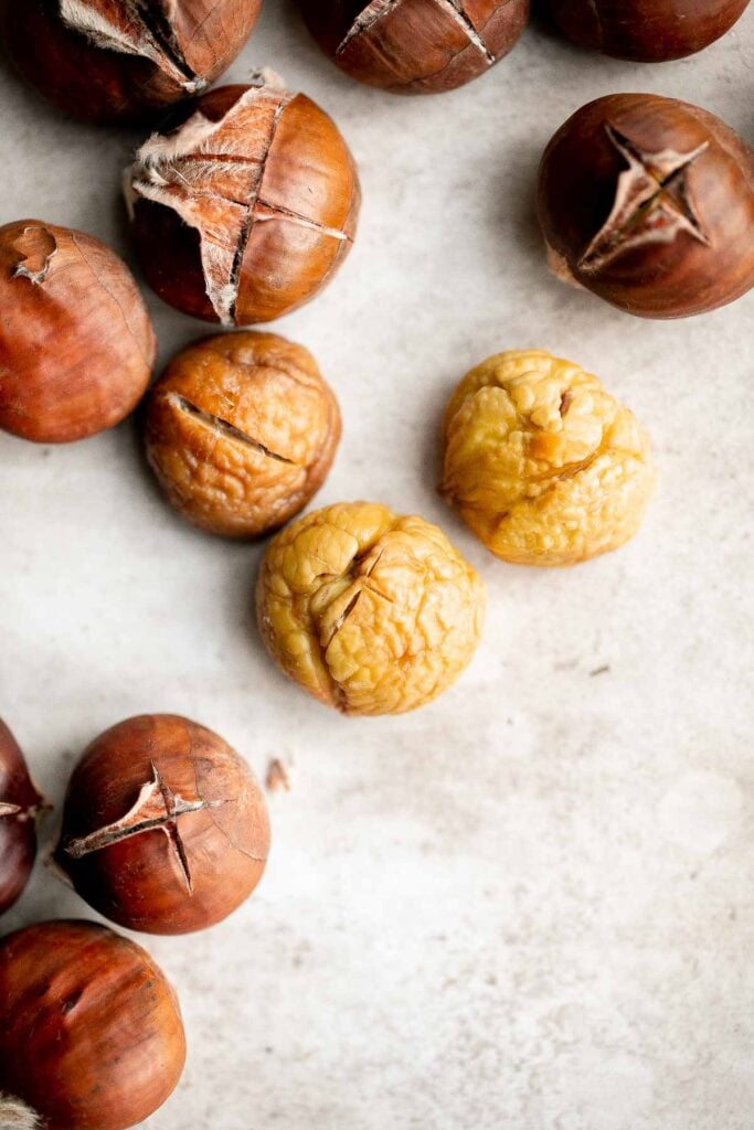 Enjoy street vendor roasted chestnuts at home in three different ways — roast in the oven, cook over the stove, or in the air fryer. | aheadofthyme.com