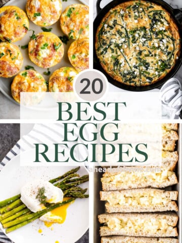 Over 20 best egg recipes for breakfast, lunch, or dinner, including baked eggs, poached eggs, scrambled eggs, egg salad, egg sandwiches, and more. | aheadofthyme.com