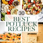 Wondering what food to bring to a potluck? We are sharing over 30 best potluck recipes including pasta salads, dips, bite-sized snacks, platters, and more. | aheadofthyme.com