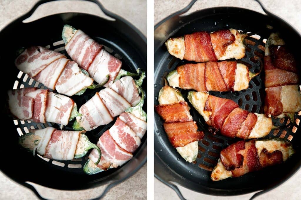 Bacon wrapped jalapeño poppers are crispy on the outside, creamy and cheesy inside, spicy, and wrapped in bacon. Easy to make in the air fryer or oven. | aheadofthyme.com