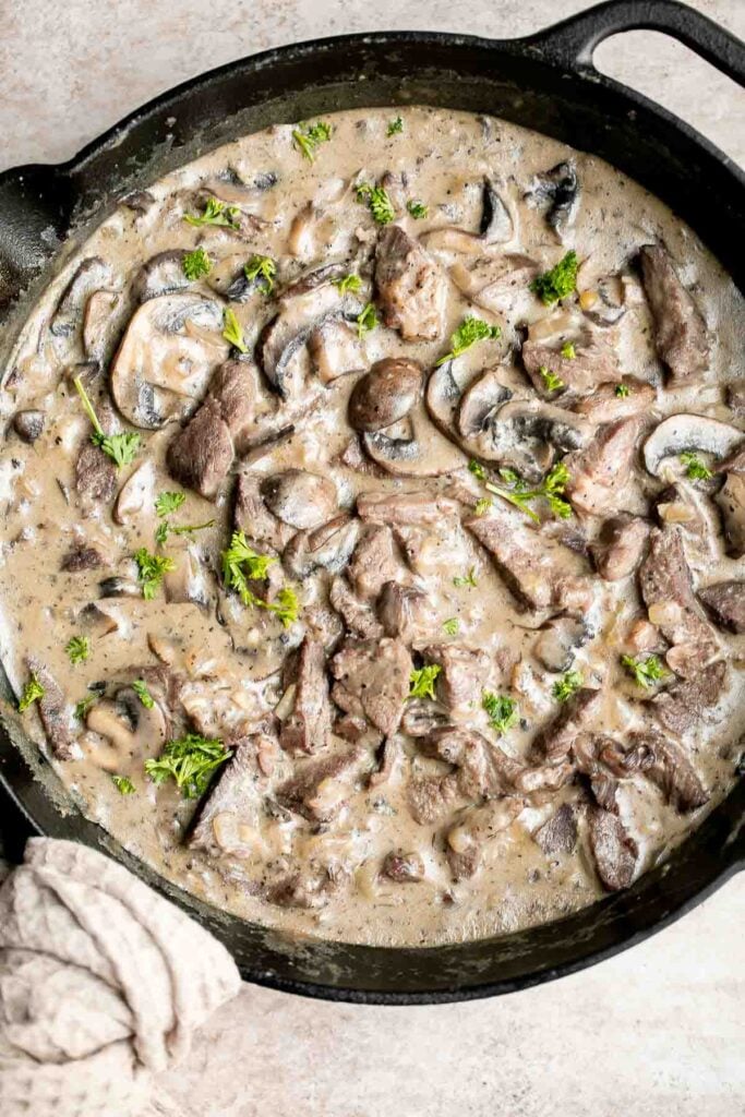 Beef stroganoff is a delicious, flavorful, and comforting Russian pasta dish that is ready in under 25 minutes. The perfect weeknight dinner. | aheadofthyme.com