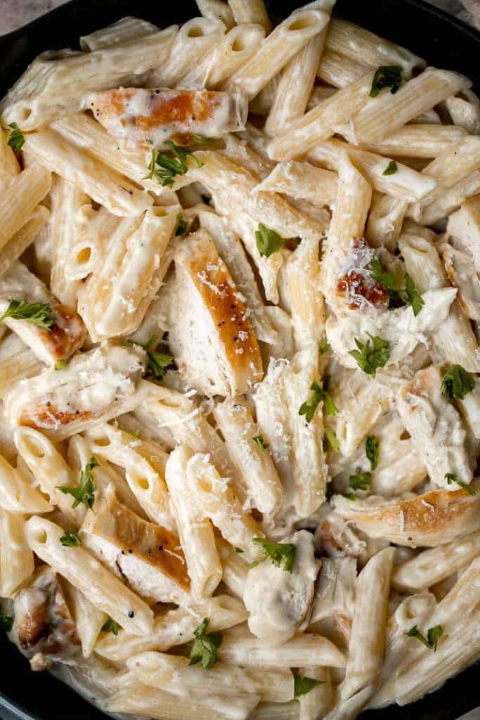 Chicken penne pasta is a quick and easy dinner that is delicious, rich, creamy, and flavorful. It’s a family favorite that’s ready in under 30 minutes. | aheadofthyme.com