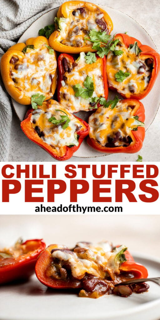 Leftover chili stuffed peppers are delicious, flavorful, and the easiest way to make stuffed peppers, with only three ingredients and five minutes of prep. | aheadofthyme.com