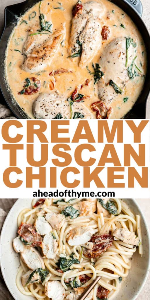 Creamy Tuscan chicken with sun-dried tomatoes and spinach is a quick and easy 30 minute Italian chicken dinner that is delicious, flavorful, and comforting. | aheadofthyme.com