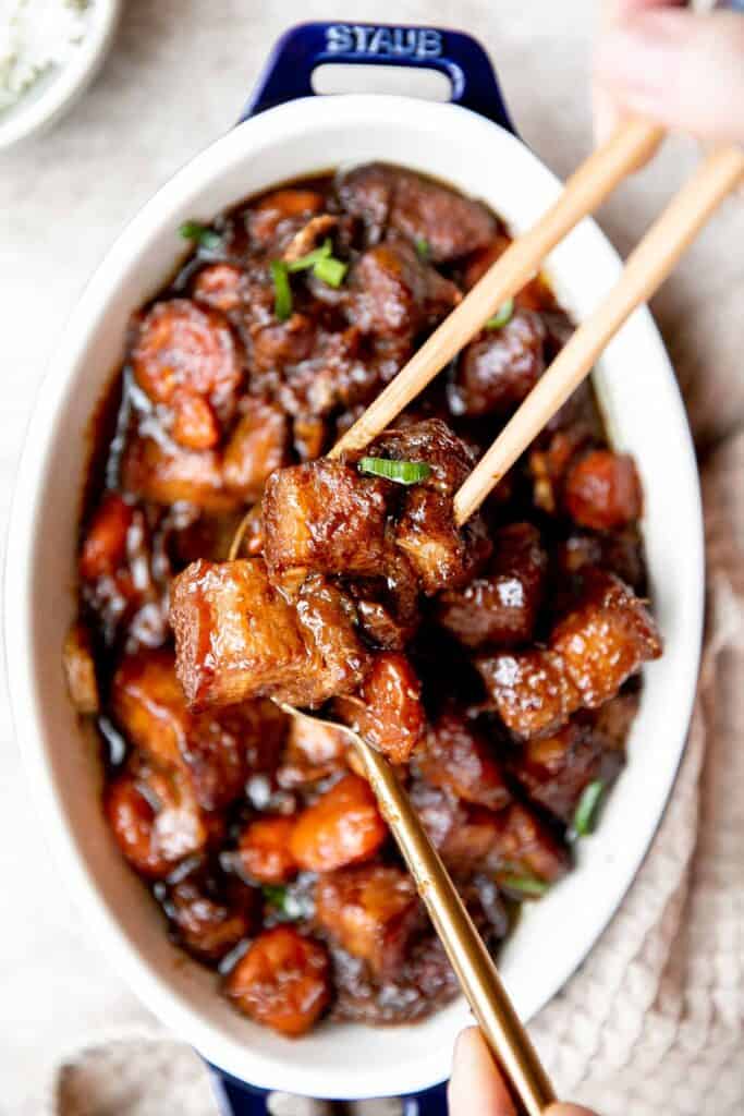 Instant Pot Chinese Braised Pork (Hong Shao Rou) is tender, juicy, flavorful, and easy to make in a pressure cooker. Try this Shanghai dinner at home today! | aheadofthyme.com