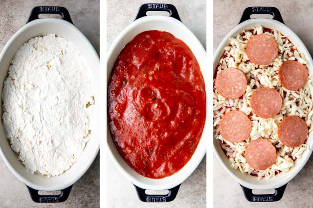 Pepperoni pizza dip is creamy, rich, comforting, and delicious. This appetizer is easy to make, easy to prepare ahead of time, and easy to eat. | aheadofthyme.com