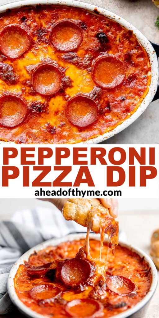 Pepperoni pizza dip is creamy, rich, comforting, and delicious. This appetizer is easy to make, easy to prepare ahead of time, and easy to eat. | aheadofthyme.com