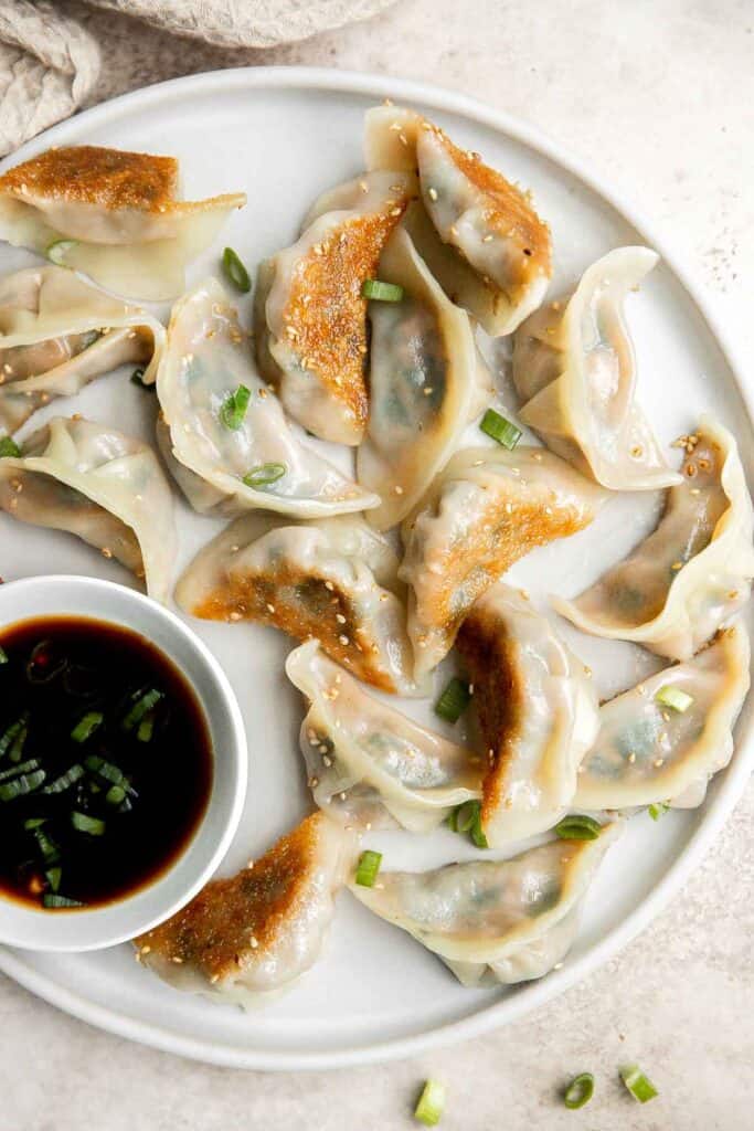 Homemade pork dumplings are quick and easy to make, with perfect crispy bottoms and a tender, juicy pork filling inside.​ Easy to meal prep and freeze well. | aheadofthyme.com