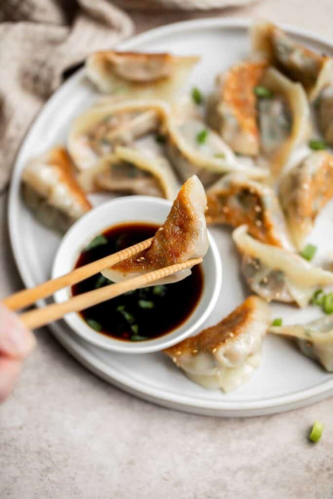 Homemade pork dumplings are quick and easy to make, with perfect crispy bottoms and a tender, juicy pork filling inside.​ Easy to meal prep and freeze well. | aheadofthyme.com