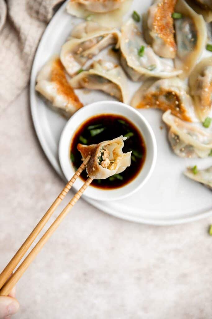 Homemade pork dumplings are quick and easy to make, with perfect crispy bottoms and a tender, juicy pork filling inside.​ Easy to meal prep and freeze well. | aheadofthyme.com