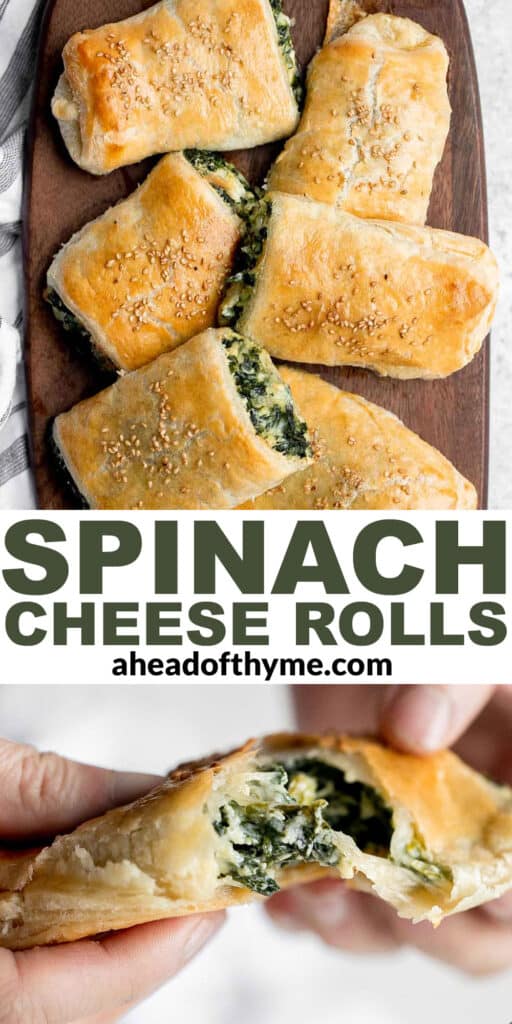 Spinach cheese rolls are an easy appetizer that's creamy, cheesy, comforting, and delicious. Serve as an appy at parties, for a school lunch, or snack. | aheadofthyme.com