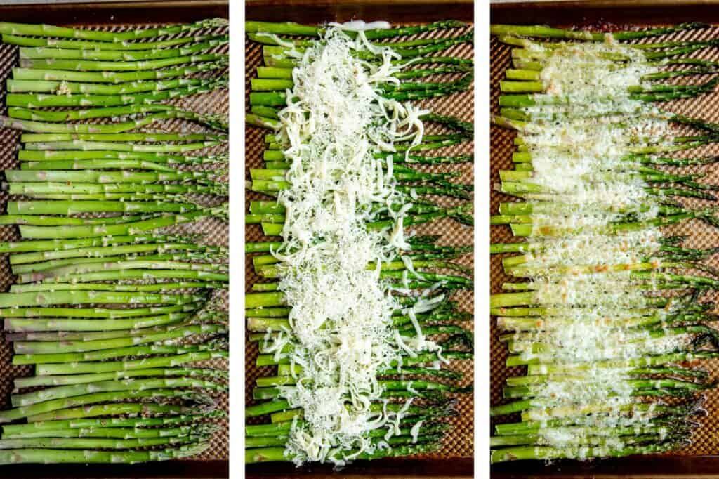 Cheesy roasted asparagus is a quick and easy side dish made with a handful of simple ingredients in 20 minutes. They’re garlicky, cheesy, and flavorful. | aheadofthyme.com