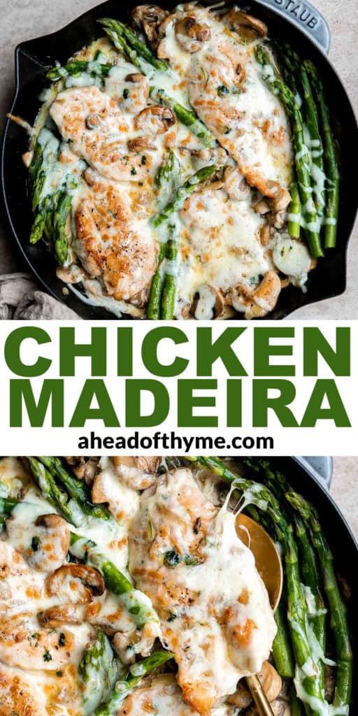 Chicken Madeira with sautéed mushrooms and tender crisp asparagus is topped with melty mozzarella cheese. Cheaper and better than the Cheesecake Factory! | aheadofthyme.com