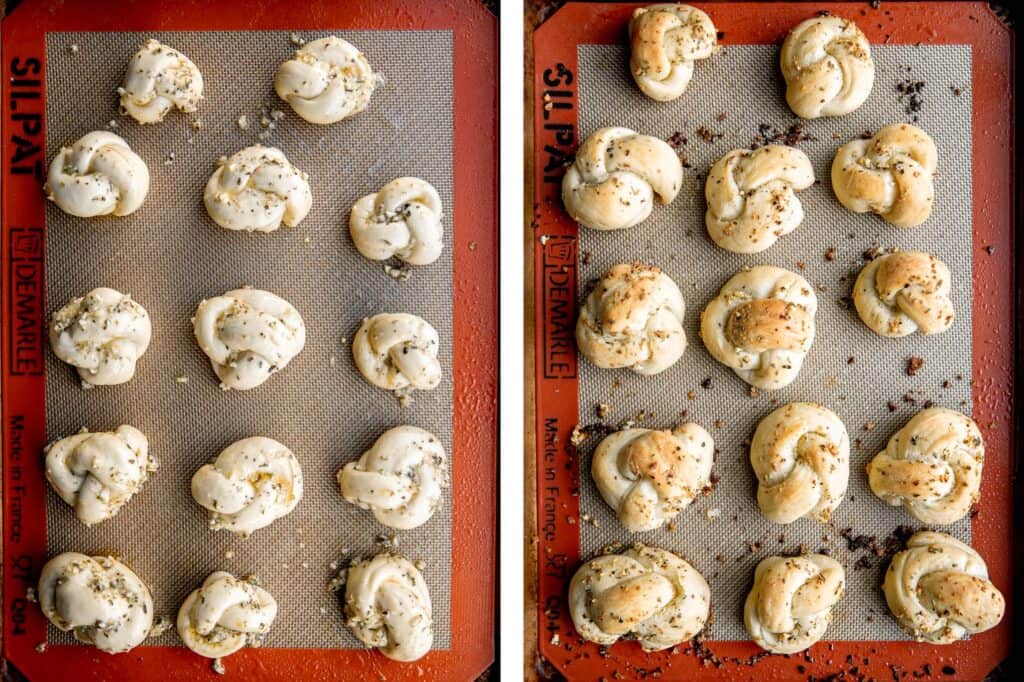 Garlic knots are fluffy on the inside, crispy on the outside, and topped with delicious savory garlic herbed butter that will have you begging for more. | aheadofthyme.com