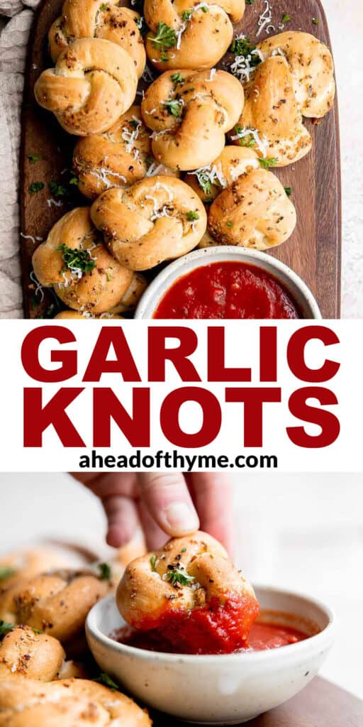 Garlic knots are fluffy on the inside, crispy on the outside, and topped with delicious savory garlic herbed butter that will have you begging for more. | aheadofthyme.com