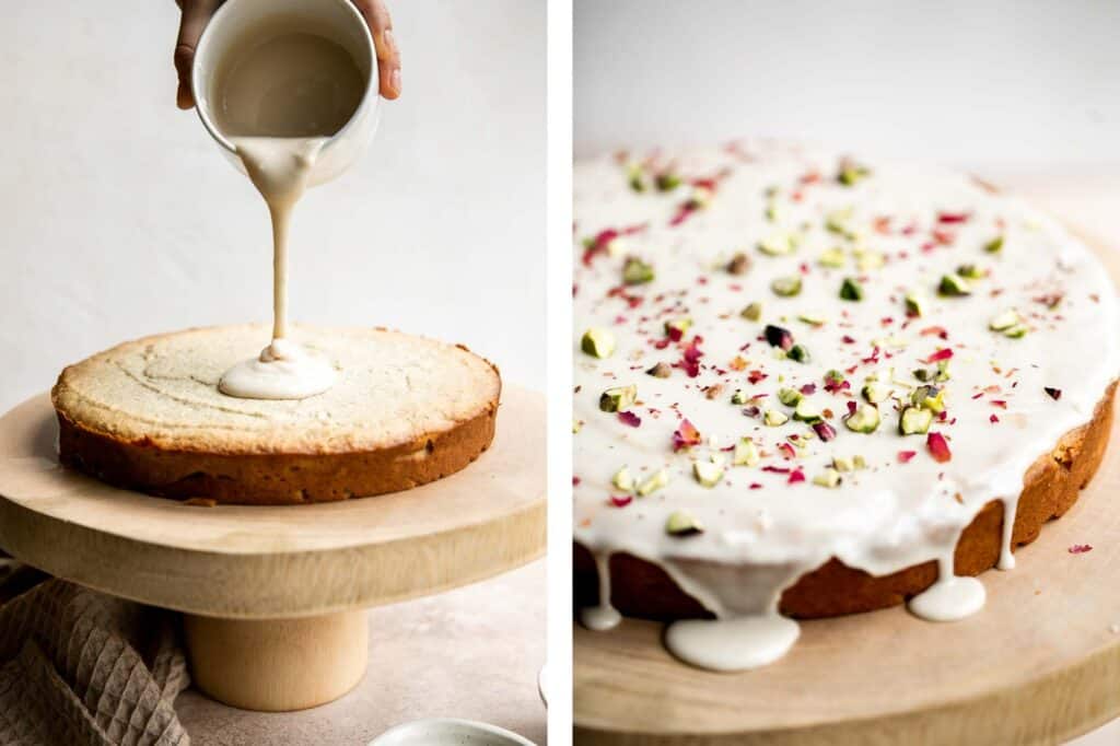 Persian Love Cake is a rich, moist, and nutty almond cake loaded with floral and citrus flavors, topped with a lemon glaze, pistachios, and rose petals. | aheadofthyme.com