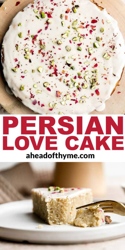 Persian Love Cake is a rich, moist, and nutty almond cake loaded with floral and citrus flavors, topped with a lemon glaze, pistachios, and rose petals. | aheadofthyme.com