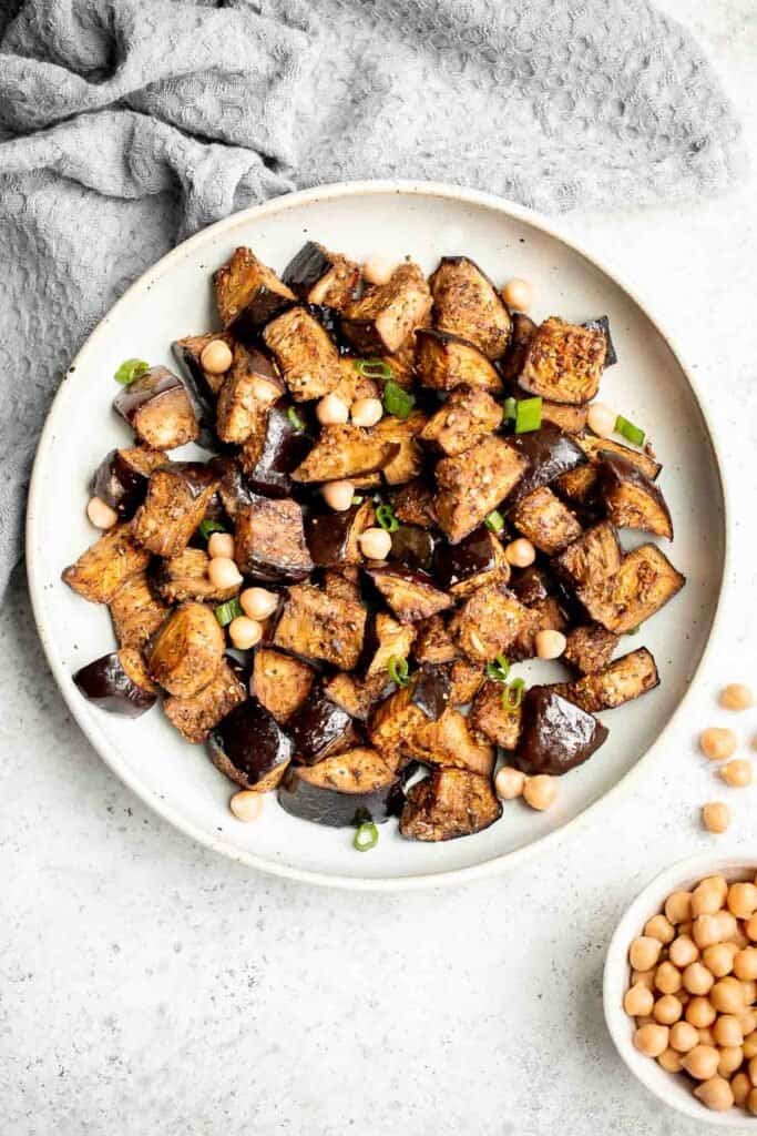 Whether you’re cooking this roasted eggplant in your oven or air fryer, you’ll fall in love with how fast, easy, and delicious this simple recipe is. | aheadofthyme.com