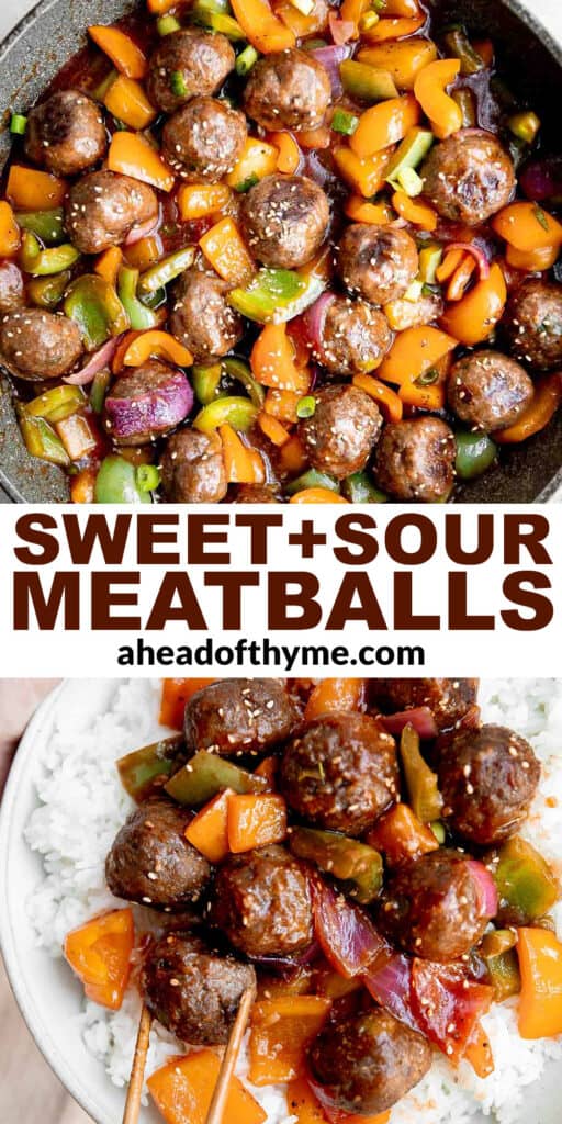 Sweet and sour meatballs are quick, easy, delicious, and flavorful, tossed in a vegetable and pineapple stir fry with homemade sweet and sour sauce. | aheadofthyme.com