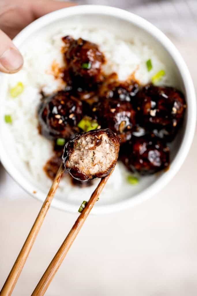 Teriyaki meatballs are our latest go to weeknight dinner — quick and easy to cook in the air fryer or oven, saucy and flavorful, and freezer-friendly. | aheadofthyme.com