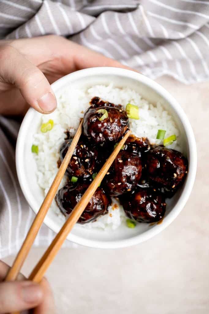 Teriyaki meatballs are our latest go to weeknight dinner — quick and easy to cook in the air fryer or oven, saucy and flavorful, and freezer-friendly. | aheadofthyme.com