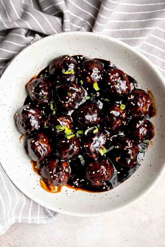 Teriyaki meatballs are our latest go to weeknight dinner — quick and easy to cook in the air fryer or oven, saucy and flavorful, and freezer-friendly. | aheadofthyme.com