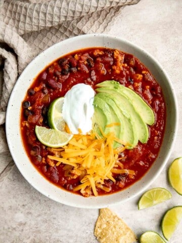 Turkey chili is hearty, filling, flavorful, and delicious. It's warm and cozy, quick and easy to make in one pot, and can be made faster in the instant pot. | aheadofthyme.com
