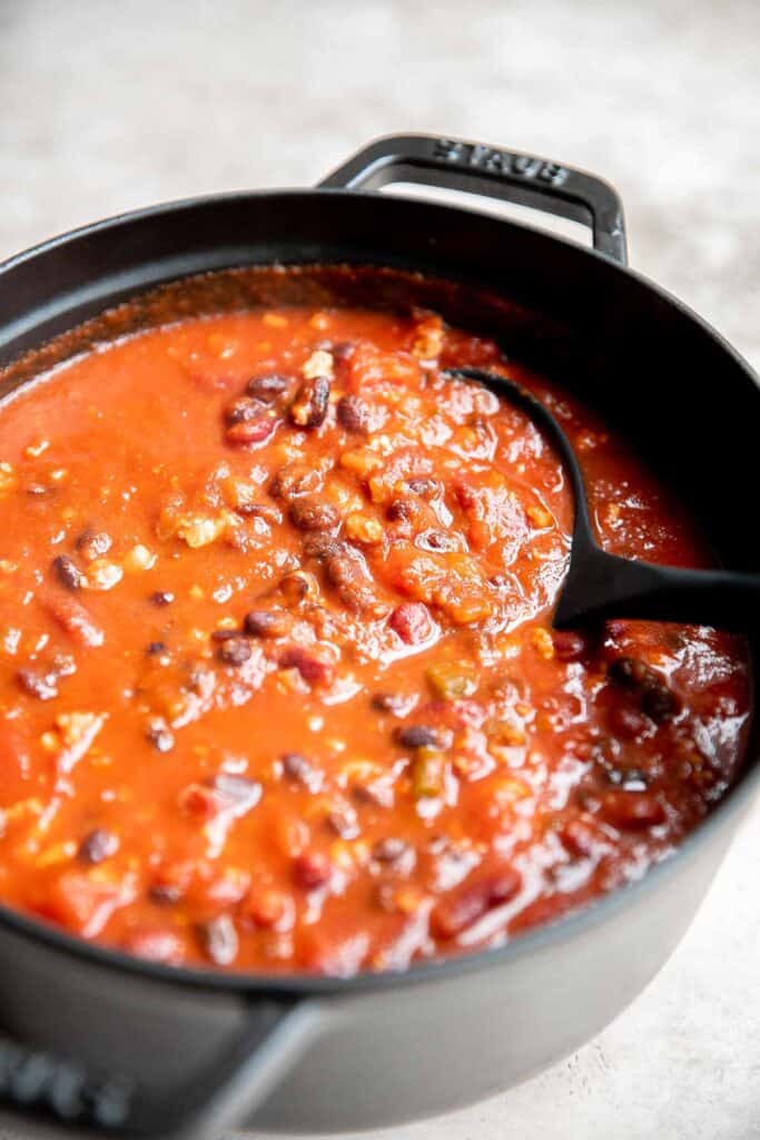 Turkey chili is hearty, filling, flavorful, and delicious. It's warm and cozy, quick and easy to make in one pot, and can be made faster in the instant pot. | aheadofthyme.com