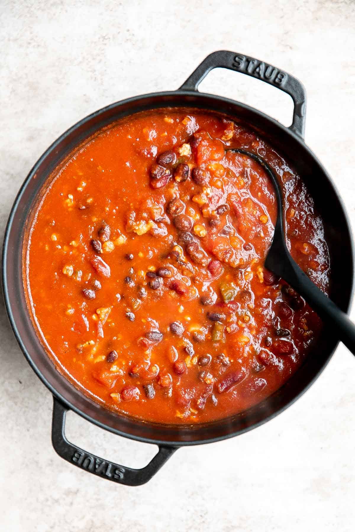 Turkey chili is hearty, filling, flavorful, and delicious. It's warm and cozy, quick and easy to make in one pot, and can be made faster in the instant pot. | aheadofthyme.com