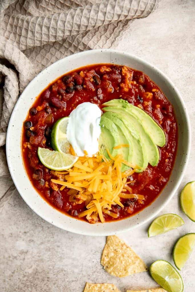 Turkey chili is hearty, filling, flavorful, and delicious. It's warm and cozy, quick and easy to make in one pot, and can be made faster in the instant pot. | aheadofthyme.com