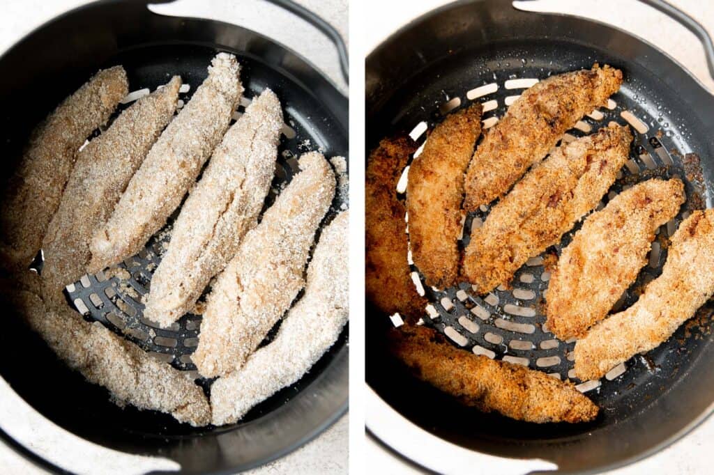 Air fryer chicken tenders are juicy and moist inside while crispy and golden brown outside. A healthy, delicious, and quick kid-friendly recipe. | aheadofthyme.com