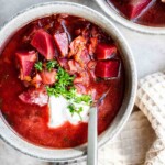 Ukrainian borscht soup is a vegan beet soup made with red beets and vegetables. It's nutritious, flavorful, delicious, easy to make, and freezer-friendly. | aheadofthyme.com