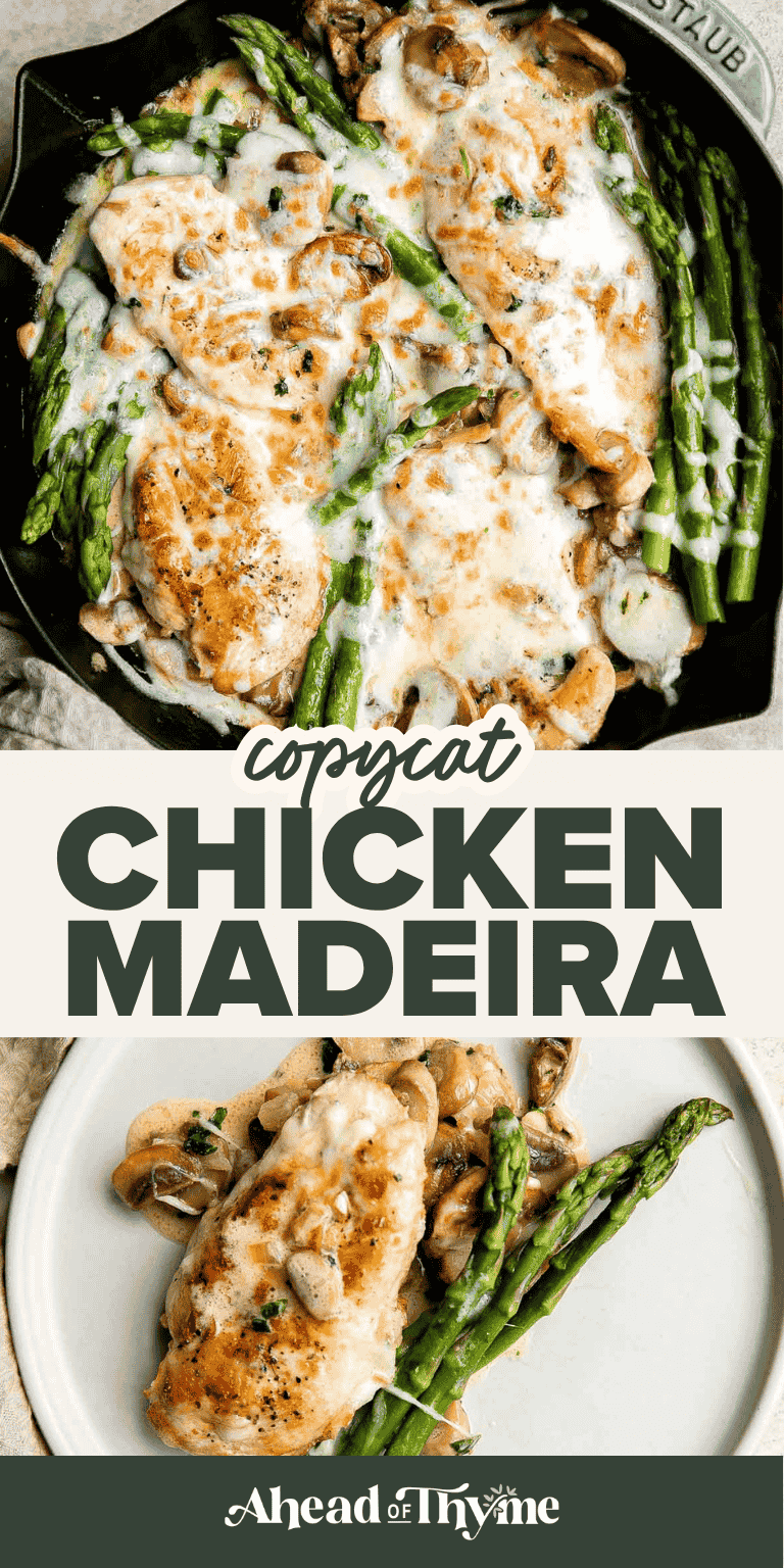 Chicken Madeira Cheesecake Factory copycat with mushrooms, crisp tender asparagus, and creamy Madeira sauce. Easy restaurant quality dinner at home. | aheadofthyme.com