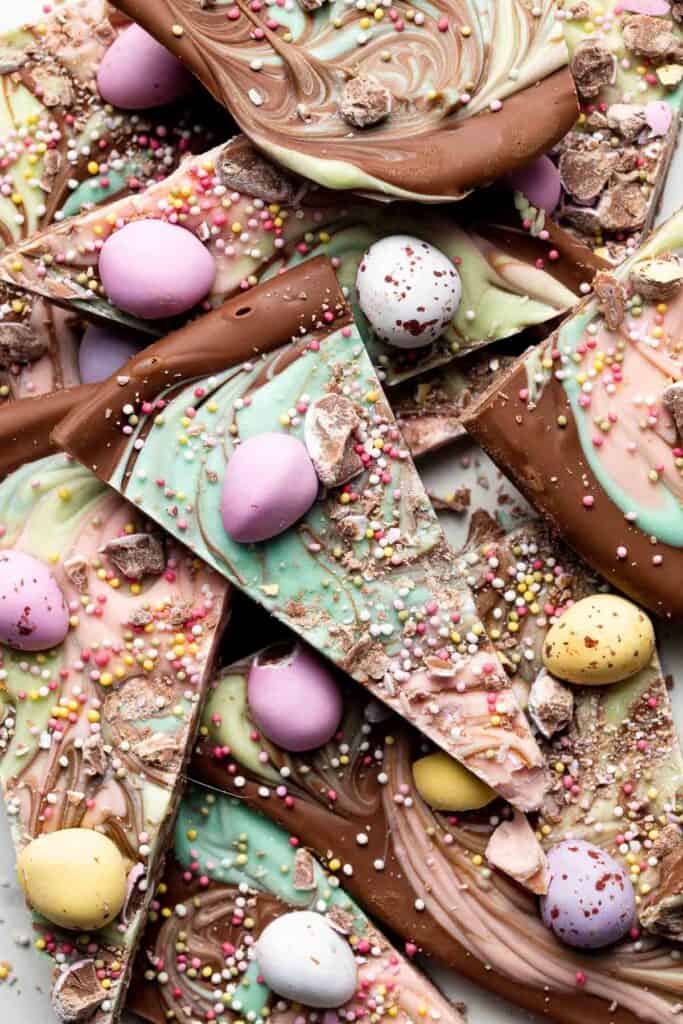 Easter Bark is the perfect chocolate treat — sweet, rich, and pretty, loaded with chocolate mini eggs and sprinkles. It's a quick and easy no bake recipe. | aheadofthyme.com