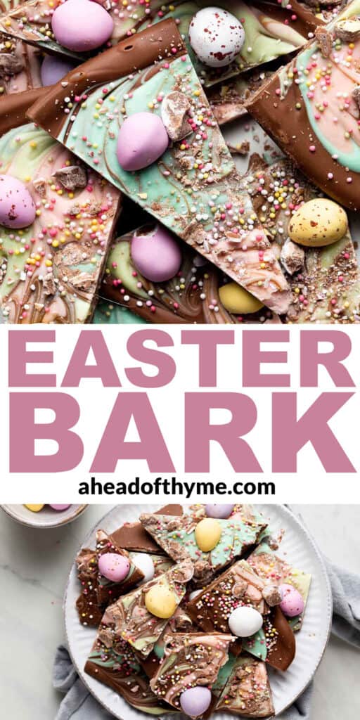 Easter Bark is the perfect chocolate treat — sweet, rich, and pretty, loaded with chocolate mini eggs and sprinkles. It's a quick and easy no bake recipe. | aheadofthyme.com