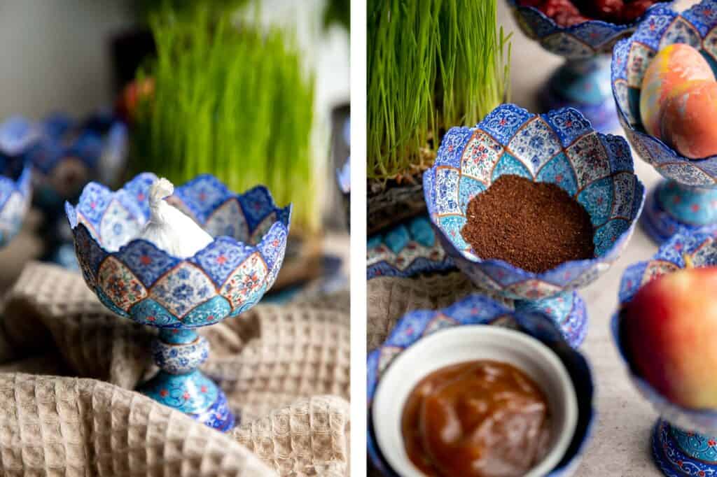 A complete guide to the traditional haft-sin table for Norouz (Persian New Year) including 7 essential items, common additional items, and Persian desserts. | aheadofthyme.com