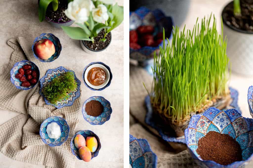 A complete guide to the traditional haft-sin table for Norouz (Persian New Year) including 7 essential items, common additional items, and Persian desserts. | aheadofthyme.com