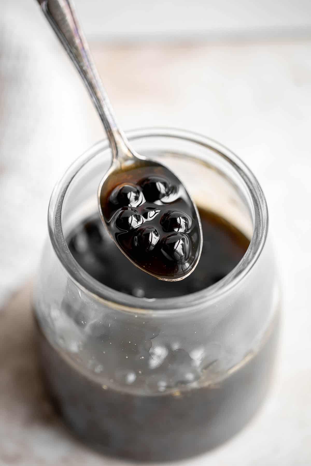 Making tapioca pearls (boba) at home is easier than you think with just 3 ingredients. Add tender and sweet brown sugar boba pearls to your bubble tea. | aheadofthyme.com
