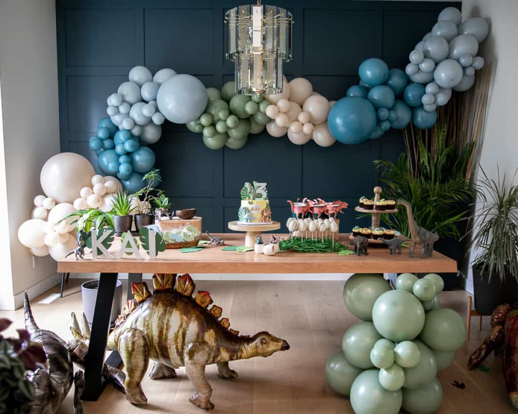 The best three rex dinosaur birthday party with ideas for an epic dino theme party including decor, craft table, party favors, desserts, and recipes. | aheadofthyme.com