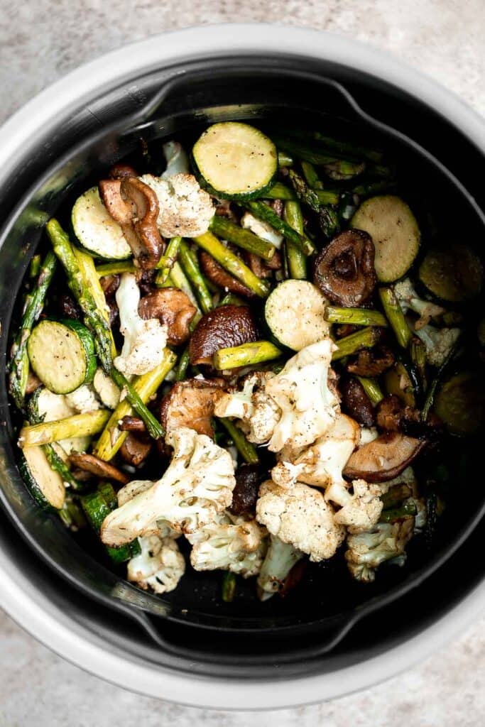 Air fryer vegetables are healthy, flavorful, and delicious. This vegan side dish is quick and easy to make in the air fryer in under 15 minutes. | aheadofthyme.com