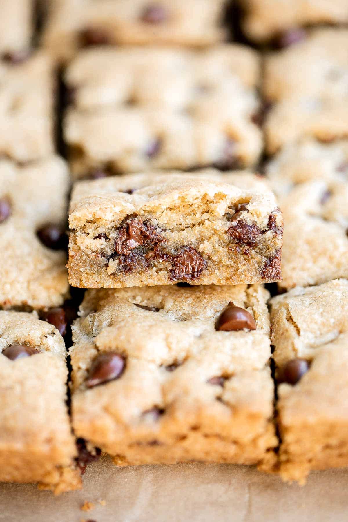 Soft and chewy chocolate chip cookie bars are a quick, easy, and lazy version of classic chocolate chip cookies that take half the prep time. | aheadofthyme.com