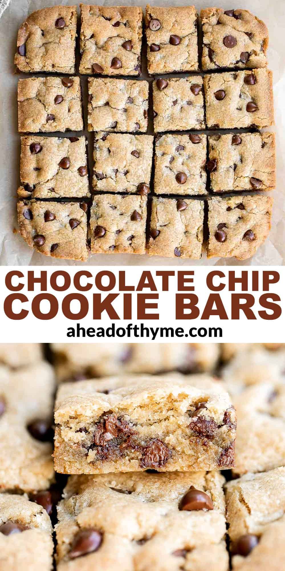 Soft and chewy chocolate chip cookie bars are a quick, easy, and lazy version of classic chocolate chip cookies that take half the prep time. | aheadofthyme.com