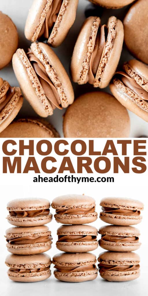 Chocolate macarons with chocolate buttercream are light and delicate, rich and sweet, and crisp and chewy. They are easier to make than you think! | aheadofthyme.com