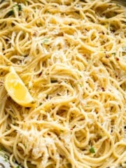 Lemon butter pasta tossed with garlic, Parmesan cheese, fresh parsley, and lemon.