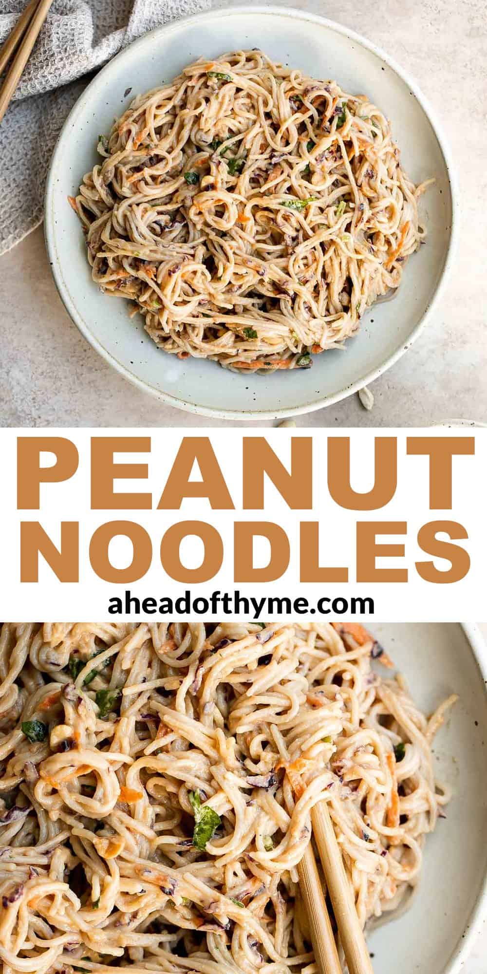 Peanut noodles are creamy, nutty, and delicious. This quick and easy, vegan homemade takeout recipe is loaded with flavor and is ready in 15 minutes. | aheadofthyme.com