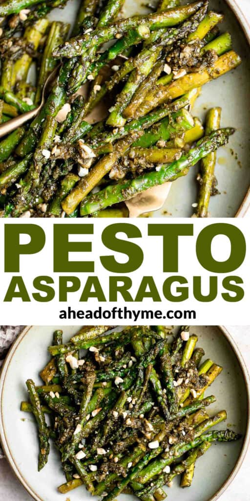 Pesto asparagus is a quick easy side dish that takes regular sautéed asparagus to the next level in just 15 minutes. It's healthy, vegan, and gluten-free. | aheadofthyme.com