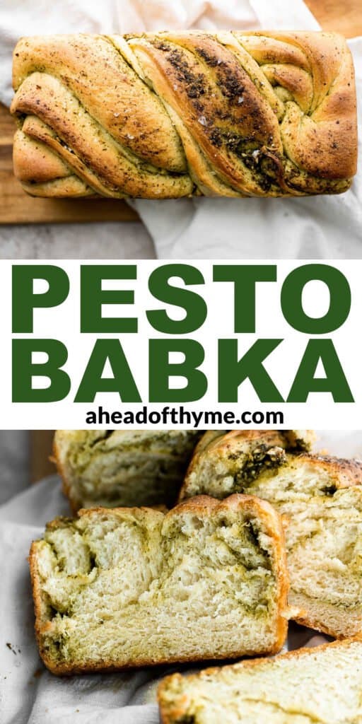 Pesto babka is a showstopping loaf of bread that is savory, delicious, and flavorful with beautiful twists and turns. Plus, it is surprisingly easy to make! | aheadofthyme.com