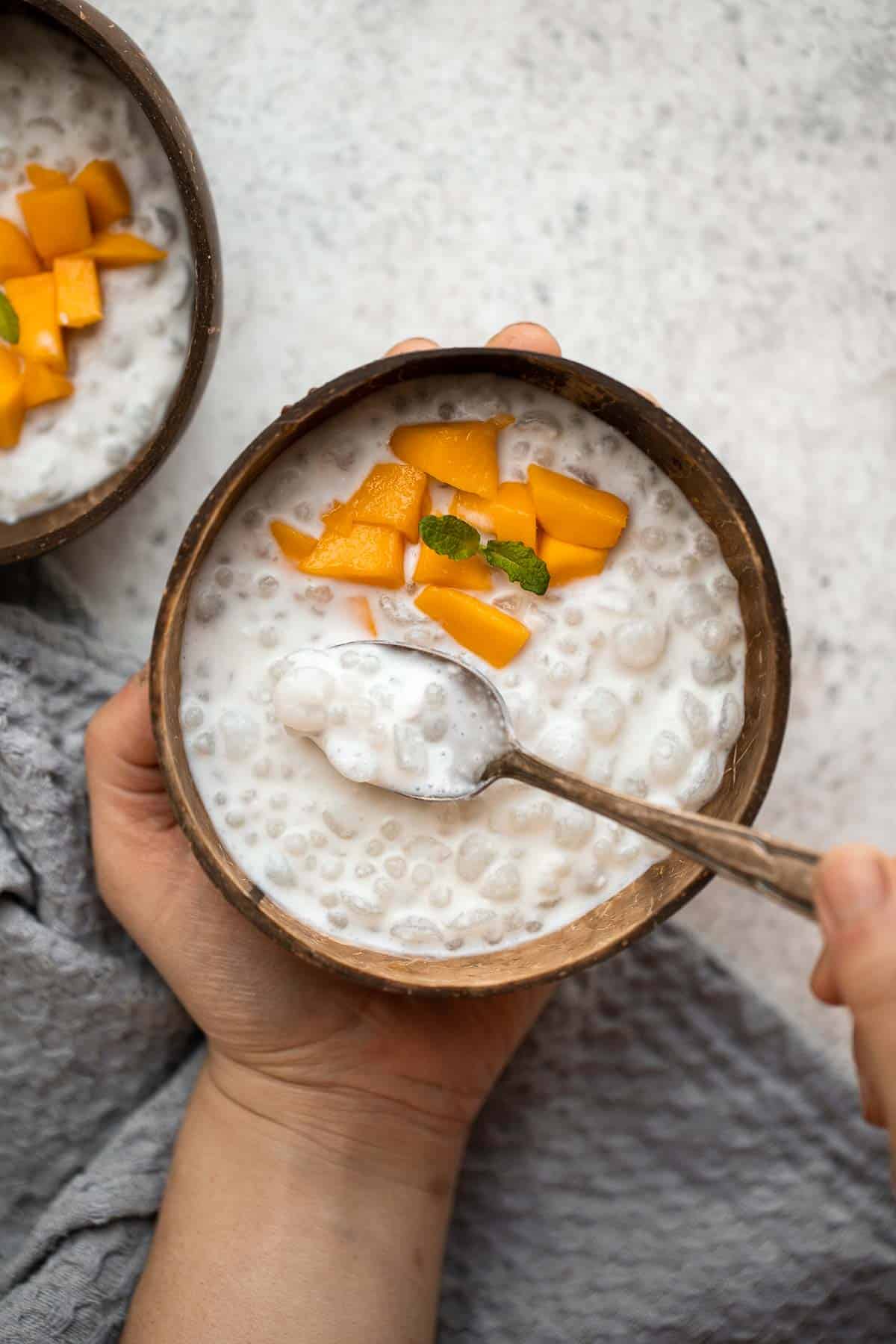 Coconut Tapioca Pudding is a creamy, light, and refreshing Thai dessert to enjoy on a hot summer evening. Plus, it’s gluten-free and can be made vegan too. | aheadofthyme.com